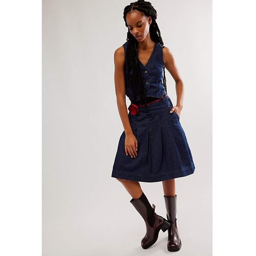 FREE PEOPLE Scout Denim Skirt Set Cropped Vest Top Dark Indigo Women's Size 4 6 - Picture 9 of 12